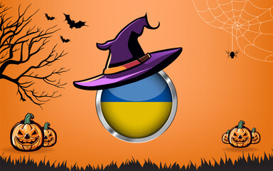 ukraine round flag with Happy Halloween banner or party invitation background. bats, spiders and pumpkins, orange background