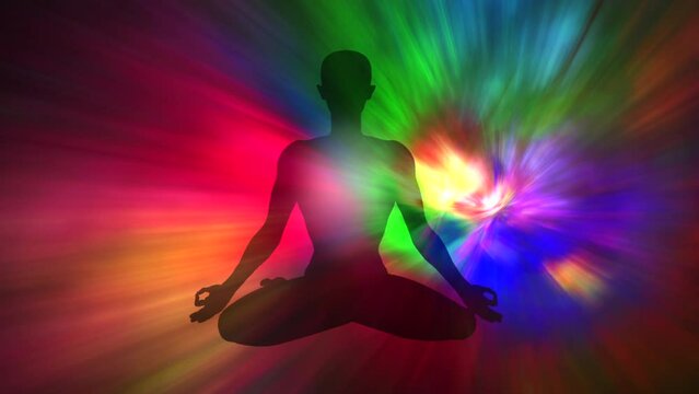 Human figure in lotus yoga pose with colorful aura in meditation concept. Animation video, 4k
