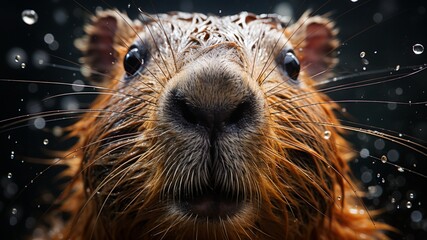 Capybara, rodent swimming in the water near the reeds with its brown fur under a sunset joining its family and its peers