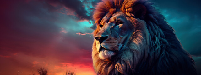 夕焼けを見つめるライオン