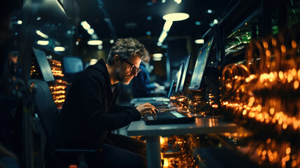 Mature man working on a computer in a server room. Network engineer during maintenance work in data center.