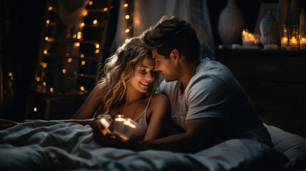Beautiful young couple is looking at each other and smiling while lying in bed at home. - obrazy, fototapety, plakaty