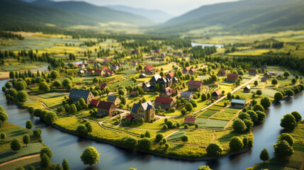 Aerial view of small village on the bank of mountain river. - obrazy, fototapety, plakaty