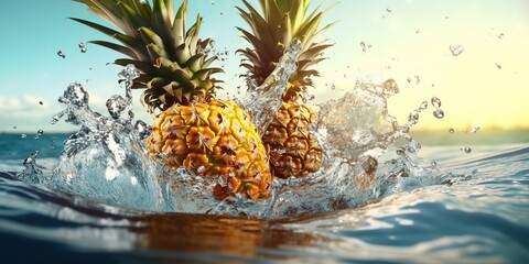 Fresh ripe pineapple falls into clear water. generative AI