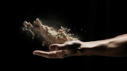 Hand throwing sand in isoladted black background