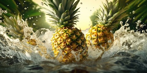 Fresh ripe pineapple falls into clear water. generative AI