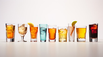 Set of various contemporary classic alcohol cocktails in different glasses placed on table - obrazy, fototapety, plakaty