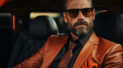 Handsome bearded hipster man in orange jacket and sunglasses sitting in car. - obrazy, fototapety, plakaty