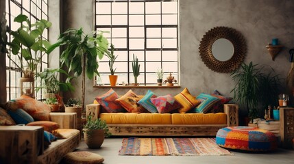Obraz na płótnie Canvas Ethnic boho style modern home living room interior with chairs and decorations and sofa