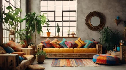 Fototapete Boho-Stil Ethnic boho style modern home living room interior with chairs and decorations and sofa