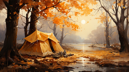 tourist tent in the autumn forest hiking adventure vacation in the autumn camp. - obrazy, fototapety, plakaty