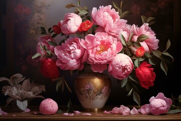 Crimson and pink peonies bouquet depicted as a printable square oil painting in a baroque style. Generative AI - obrazy, fototapety, plakaty