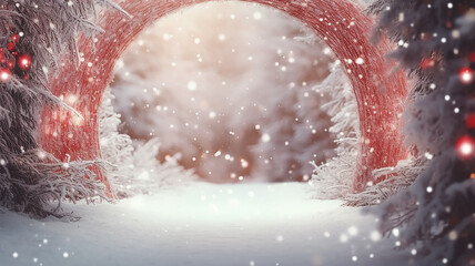 red christmas arch for New Year's gifts with an empty mine space in the winter frosty forest.