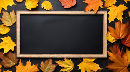 background frame school chalkboard black framed with yellow autumn leaves.
