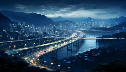 Top view of the illuminated multi-level road junction