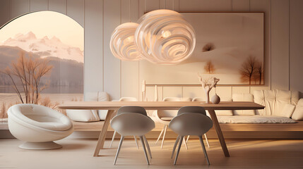 dining room in the style of spherical sculptures, beige, wood, light orange
