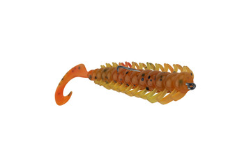 silicone fishing bait in the shape of an insect larva isolated from background