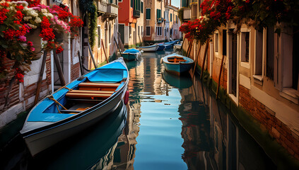 Fototapeta na wymiar boats on the water among the picturesque houses of Venice