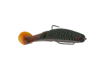 silicone fishing bait in the form of a fish isolated from the background