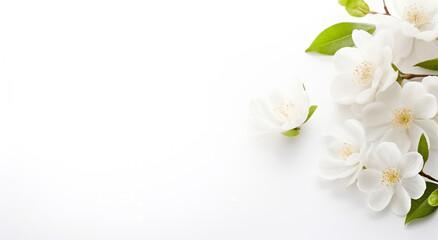 Flores brancas, folhas verdes, fundo branco.