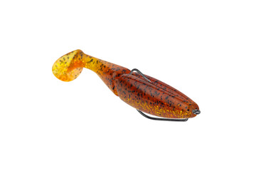 silicone fishing bait in the form of a fish isolated from the background