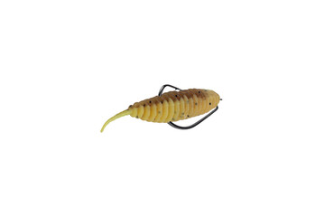 silicone fishing bait in the shape of an insect larva isolated from background