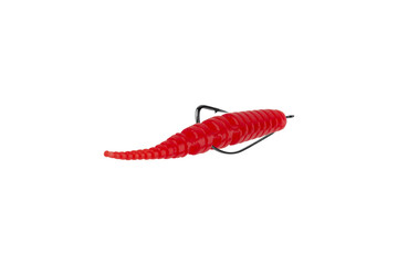 silicone fishing bait in the shape of an insect larva isolated from background