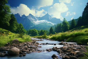 A very beautiful mountain lake in the green mountains, and a mountain river flowing through a rocky...