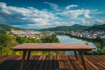 Obraz premium Lakeside serenity Wooden table against a tranquil lake and blue sky