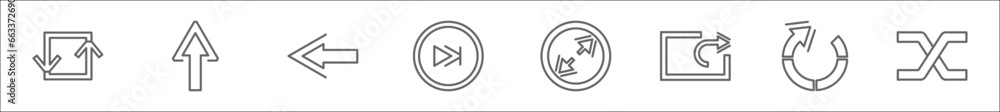 Poster outline set of arrows line icons. linear vector icons such as no shuffle, up arrow, left arrow, fast