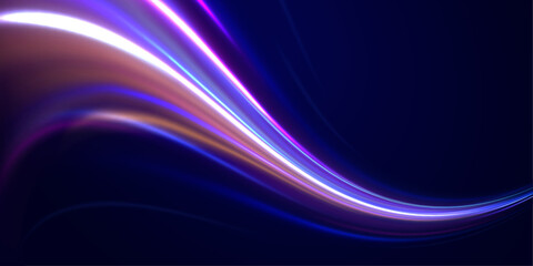 Fototapeta premium Speed effect motion 3d neon light trails made with ultra violet and blue laser light. Semicircular wave, light trail curve swirl, incandescent optical fiber png vector.