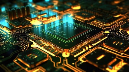 Obraz premium Close up of circuit board interior of a computer with neon lights in detail, circuit board