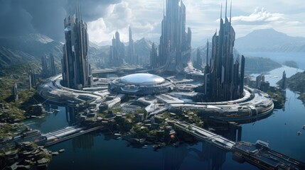 Futuristic sustainable green city, concept of city of the future based on green energy and eco industry, future city with skyscrapers and modern buildings.