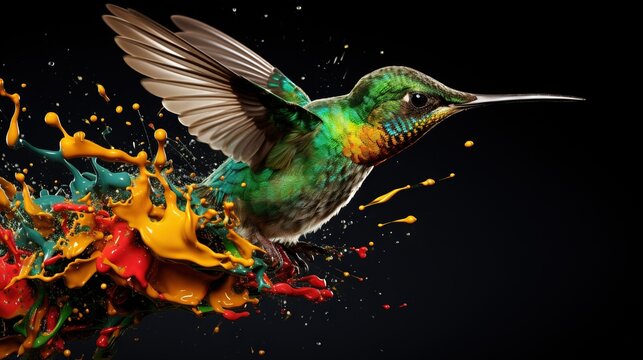  a hummingbird is flying over a colorful substance of paint.  generative ai