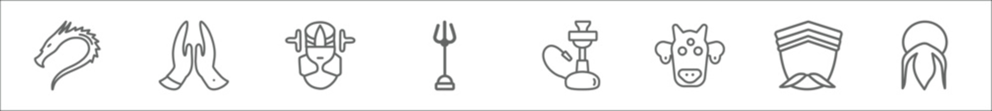 outline set of india line icons. linear vector icons such as kali, namaste, vishnu, trisul, hookah, indian cow, hindu, guru