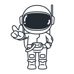 Cute Astronaut stands and victory hand on an isolated white background. Vector illustration cartoon line drawing design.