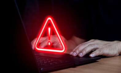 System hacked notification on laptop Cyber-attacks on computer networks, viruses, spyware, malware...