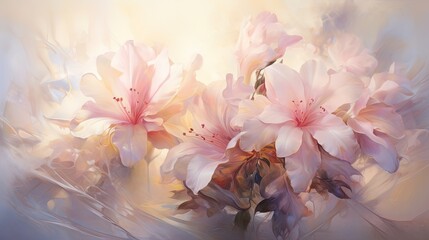 a painting of pink flowers on a white and blue background.  generative ai