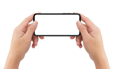 Isolated human two hands holding white mobile smart phone device mockup with white background