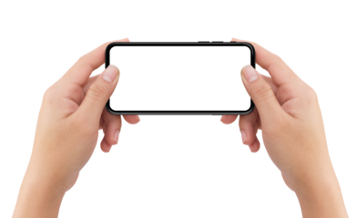 Isolated human two hands holding white mobile smart phone device mockup with white background