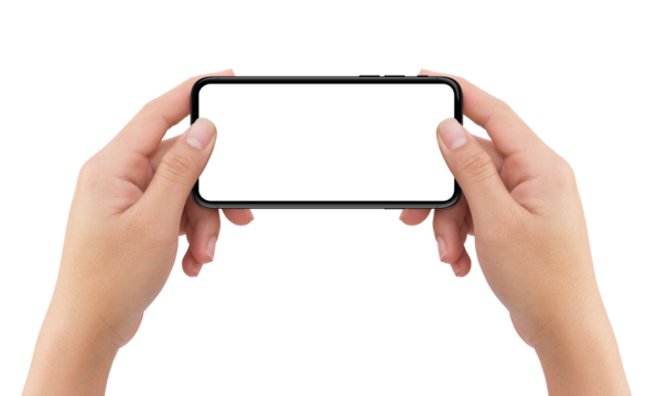 Isolated human two hands holding white mobile smart phone device mockup with white background