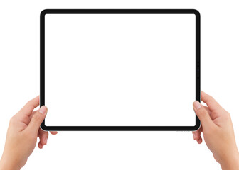 Isolated human left hand holding white tablet computer white screen mockup on white background - 663373836