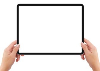 Isolated human left hand holding white tablet computer white screen mockup on white background