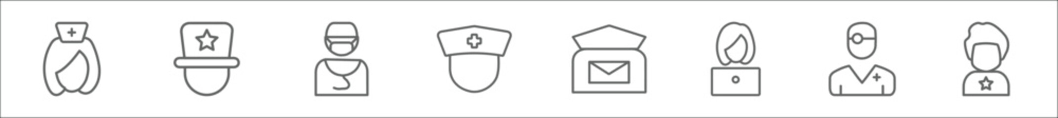 outline set of professions line icons. linear vector icons such as physician assistant, showman, surgeon, nurse, postman, secretary, doctor, superhero