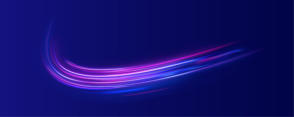 Neon blurred circles in motion. PNG vector light pink and purple lines swirling in a spiral. Orange and yellow luminosity. Abstract neon motion glowing wavy lines. 