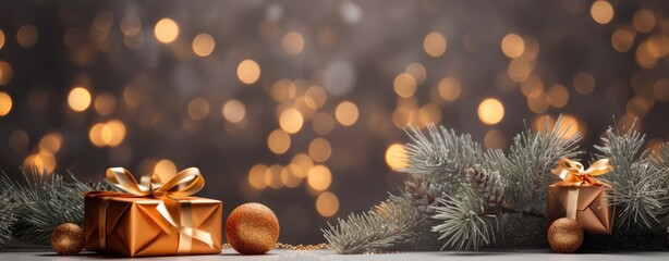 Christmas background, with decorations on blurred background. - obrazy, fototapety, plakaty