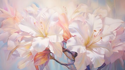  a painting of white flowers on a blue and pink background.  generative ai