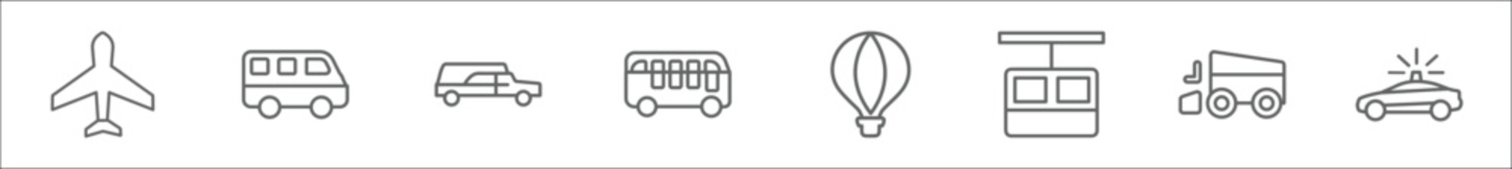 outline set of transportation line icons. linear vector icons such as aeroplane, van, hearse, double decker bus, hot air balloon, chairlift, , patrol car - obrazy, fototapety, plakaty