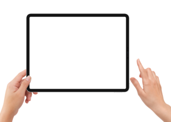 Isolated human left hand holding black tablet computer