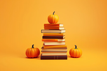 Autumn books. Halloween books. A stack of books and pumpkins on a bright yellow background of autumn foliage. The concept of learning and education, back to school, Autumn season